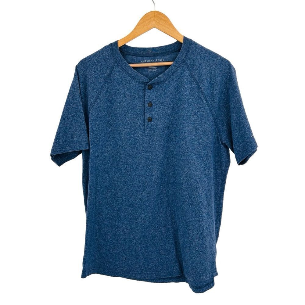 American Eagle heathered blue Henley style knit tee size large